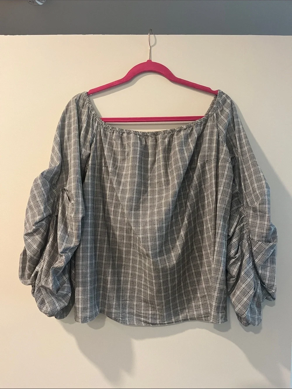 Anthropologie Gray Plaid Off-Shoulder Puff Sleeve Top